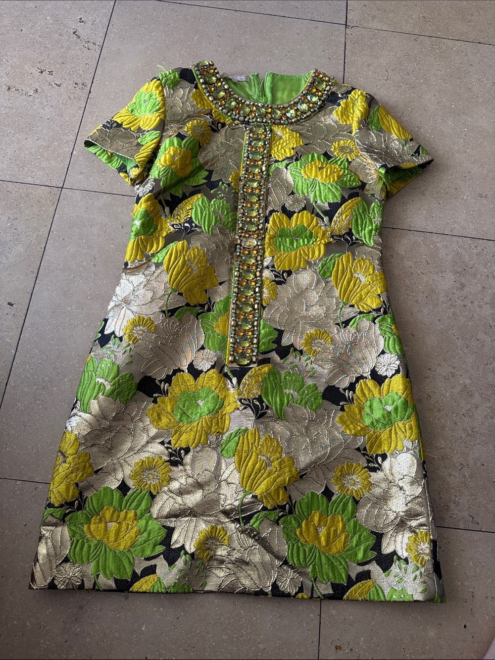 Michael Kors Collection Yellow, Green & Cream Embellished Brocade Midi Dress